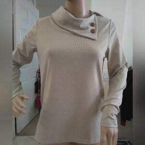 NWT Stylish Beige SPECIAL ASYMMETRICAL Neck & BUTTONS SZ. SM BY BALUOKE SOFTY